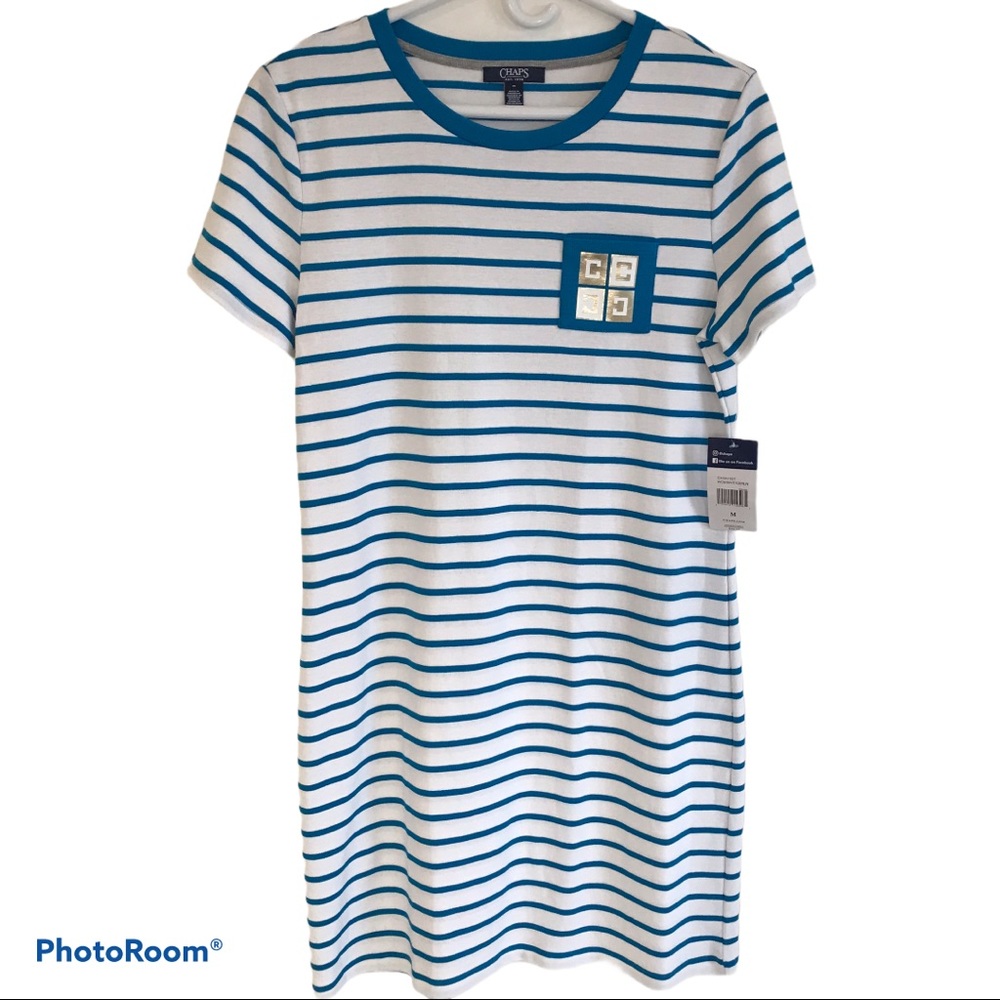 Tee Shirt Dress Blue White Nautical Stripe Short Sleeves Size M